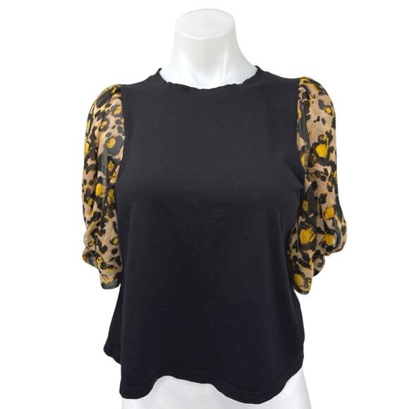 DKNY Women's Black Leopard Animal Print Crew Neck 3/4 Sleeve Blouse Top Size S - Picture 1 of 5